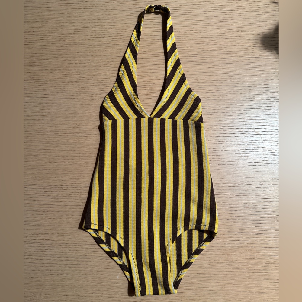 Caramel Brand Yellow and Brown Striped Halter Swimsuit for Girl 4Y